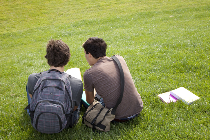 Two teenage boys reading together