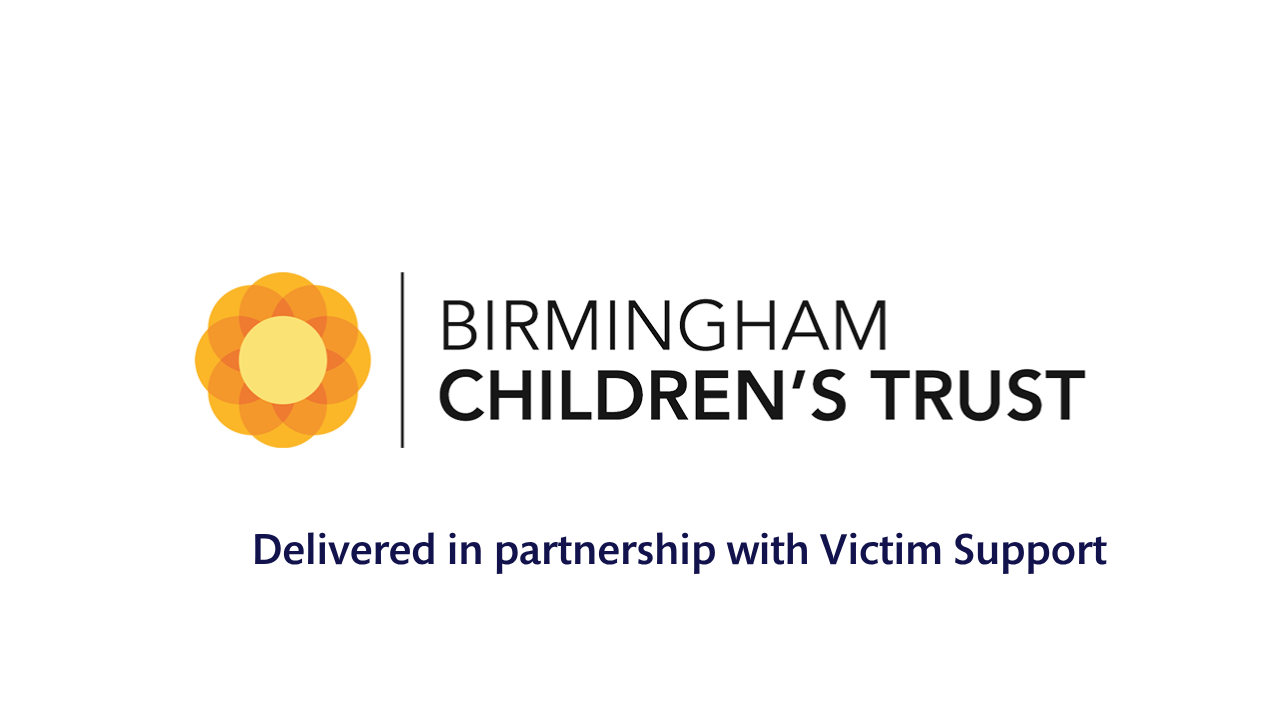 Birmingham Children's Trust logo with a line of navy blue copy below it reading "Delivered in partnership with Victim Support".